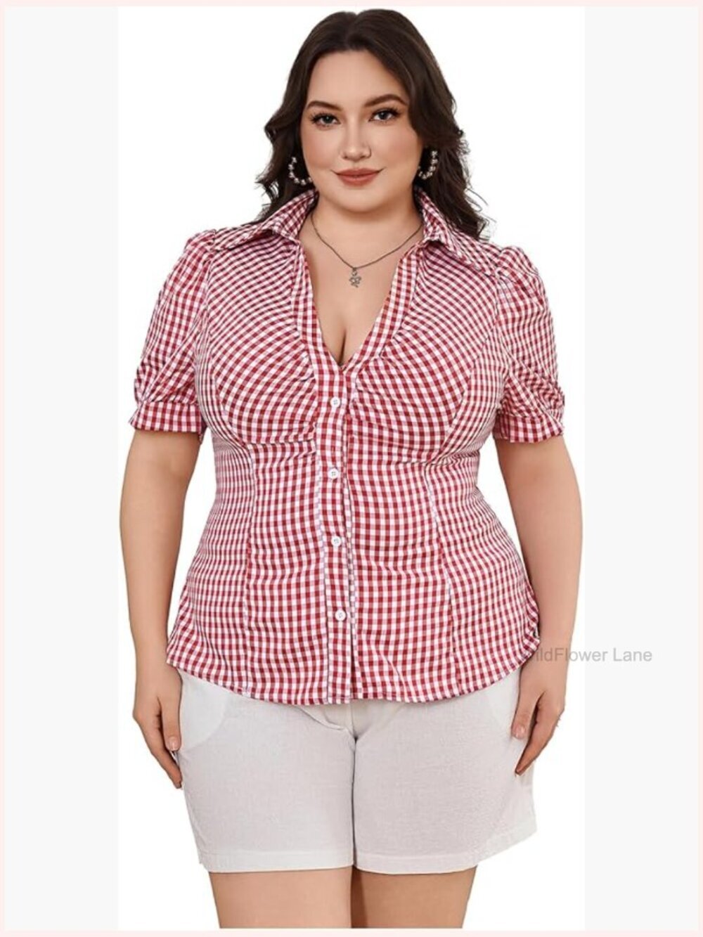 Plus Size Puff Sleeve Gingham Plaid Button Down Ruched Y2K Blouse Crop Top